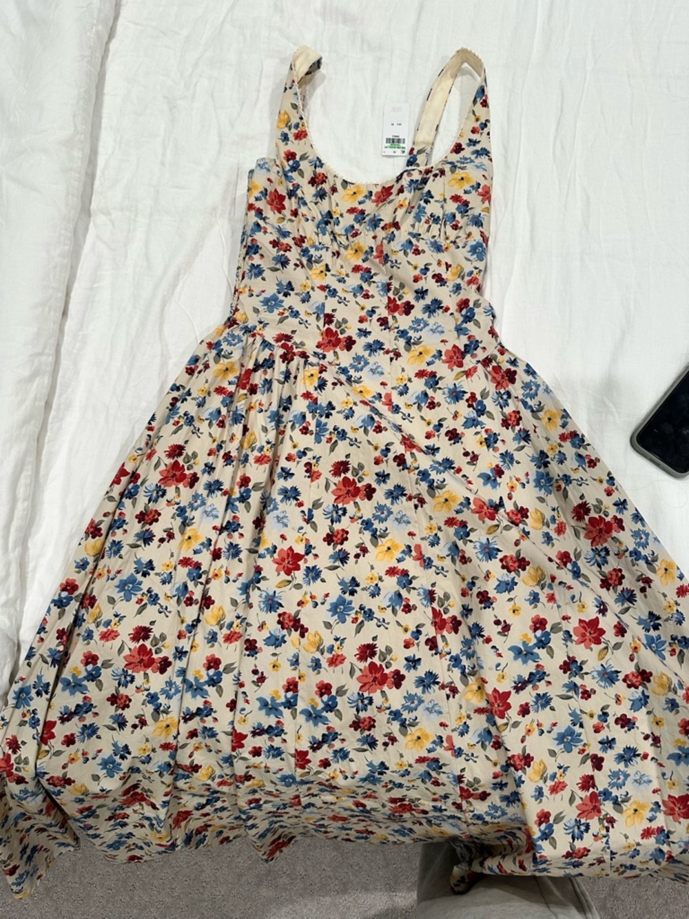 Abercrombie & Fitch Cream Floral Midi Dress with Red & Blue Flowers - Picture 3 of 3